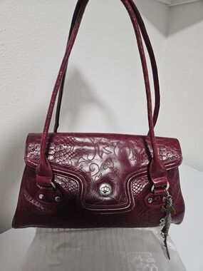Medici Embossed Burgundy Italian Leather Shoulder Bag with Turn-Lock Closure